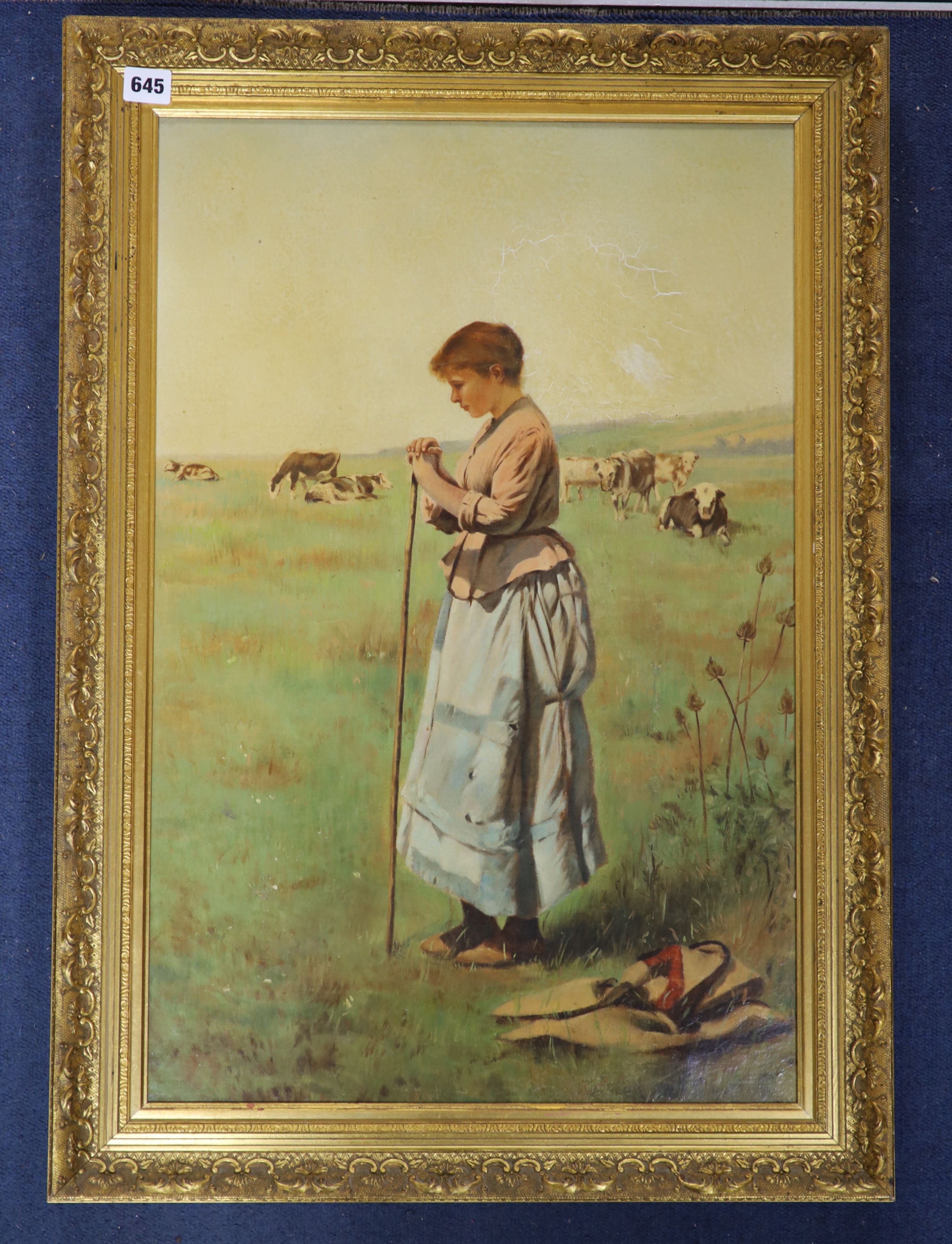 French School, oleograph, Cowherd in a landscape, 66 x 43cm